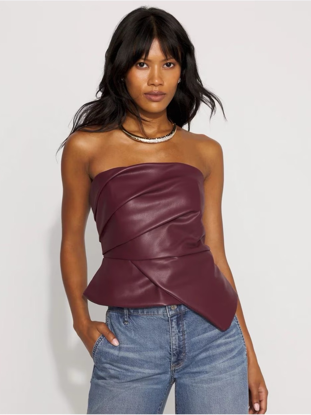 White House Black Market Strapless Faux-Leather Peplum Top - Burgundy